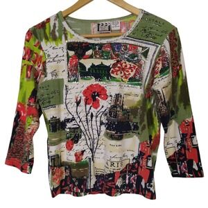 Take Two Clothing Top Medium Floral Paris Travel Print Beaded Sequined Blouse